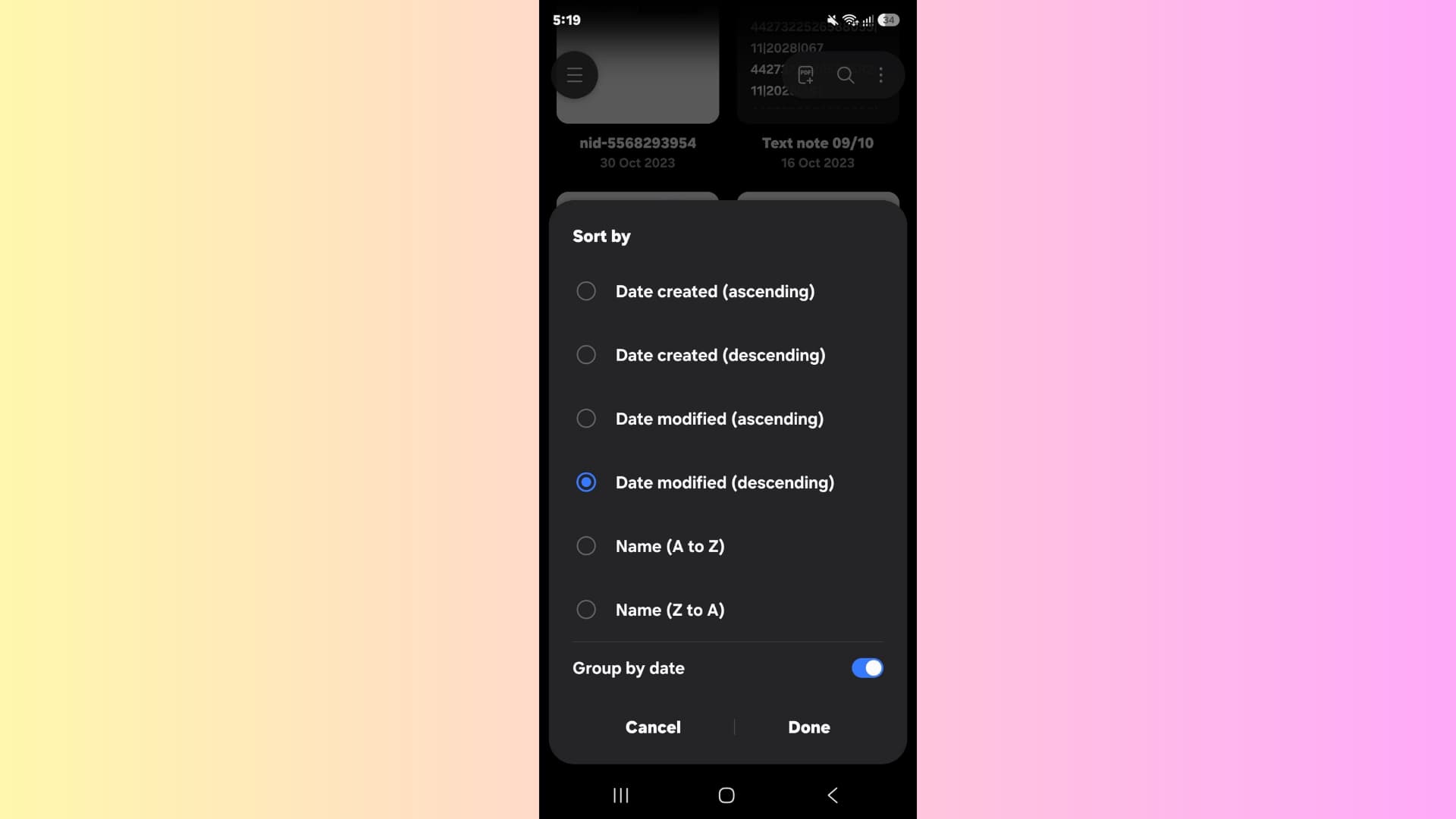 Samsung Notes group by date